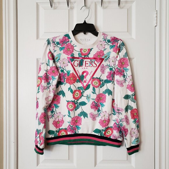 Guess Girls Logo Sweatshirt ~ Floral Pink ~ Size 12/14 years ~ EUC ~ - Picture 1 of 5